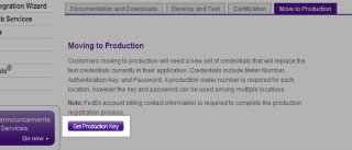 Get Production Key button under the production menu of the FedEx Solution Finder